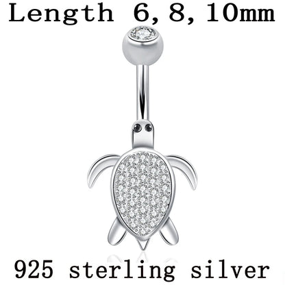 Belly button ring women 925 sterling silver tortoise no allergic 6 8 10 mm pin length setting zircon clear stones body jewelry