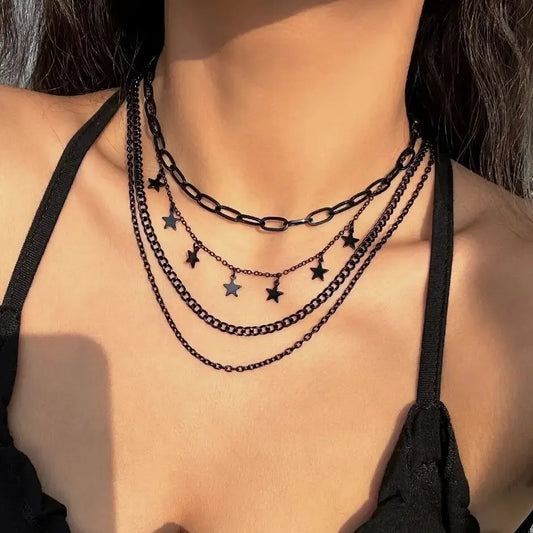 4Pcs/Set Goth Black Star Tassel Pendant Choker Necklace for Women Vintage Adjustable Metal Chain Y2K Jewelry Accessories Gift