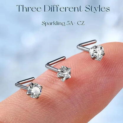 Peach Shape Heart Star Shiny Zircon Stainless Steel L-Shape Small Nose Ring Nose Studs Punk Nose Piercing Jewelry