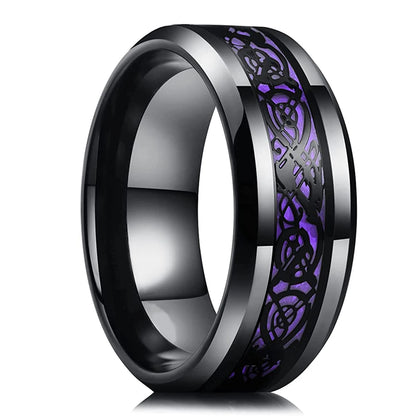 2023 Fashion Men Stainless Steel Dragon Ring Inlay Purple Black Carbon Fiber Ring Wedding Band Jewelry 8MM