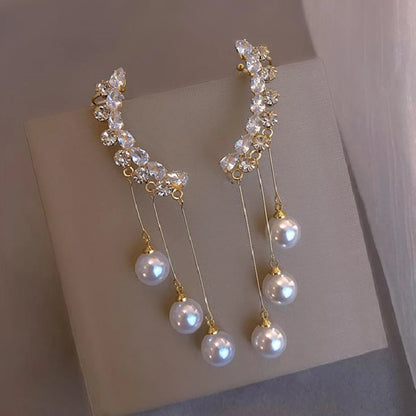 2 fashionable and gorgeous women's long diamond inlaid pearl geometric earrings, party and dinner party accessories