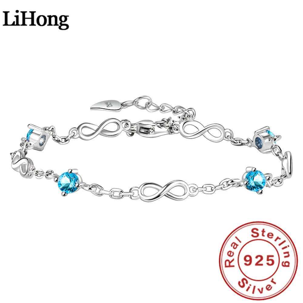 925 Sterling Silver Bracelet Light Luxury Blue Zircon Bracelet Ocean Heart Fashion Number 8 Jewelry Woman Charm Jewelry