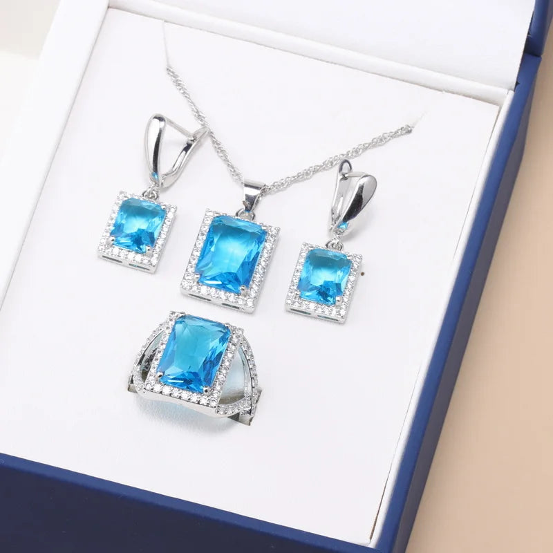 925 Sterling Silver Jewelry Sets Accessories Bridal Women Natural Crystal Zircon Earrings Open Ring Pendant Wedding Necklace Set