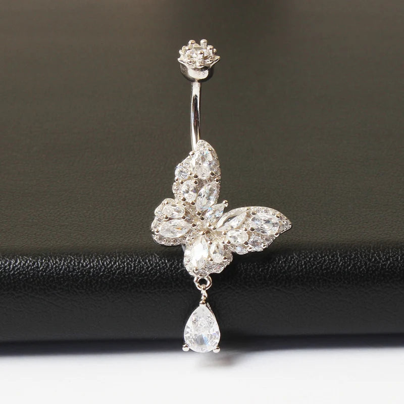 Belly button ring  Butterfly dangle water drop shape Prong Zircon clear real 925 sterling silver Insect Fine jewelry