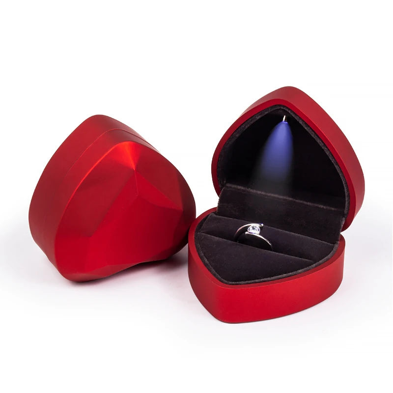 Heart Square Shaped LED Light Ring Box Velvet Jewelry Display Gift Storage Case Wedding Engagement Proposal Anniversary Boxes