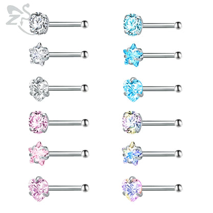 ZS 3-12pcs/lot Stainless Steel Nose Stud Set Round Heart Star CZ Crystal Nose Piercings 3MM L Shape Nostril Piercing Jewelry 20g