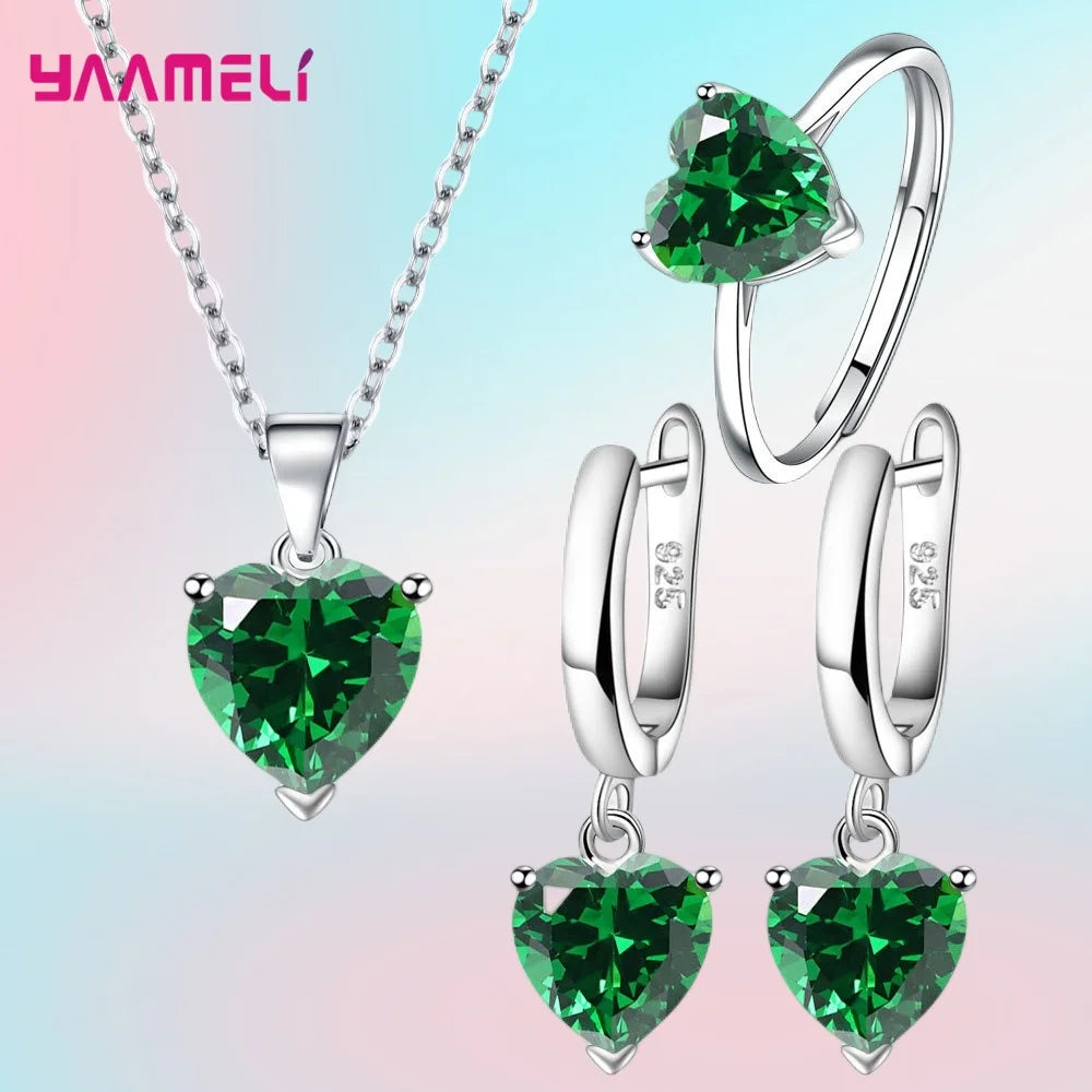 Fine 925 Sterling Silver Color Jewelry Gift Sets for Women Female Romantic Heart Zircon Huggie Earrings Pendant Necklace Ring