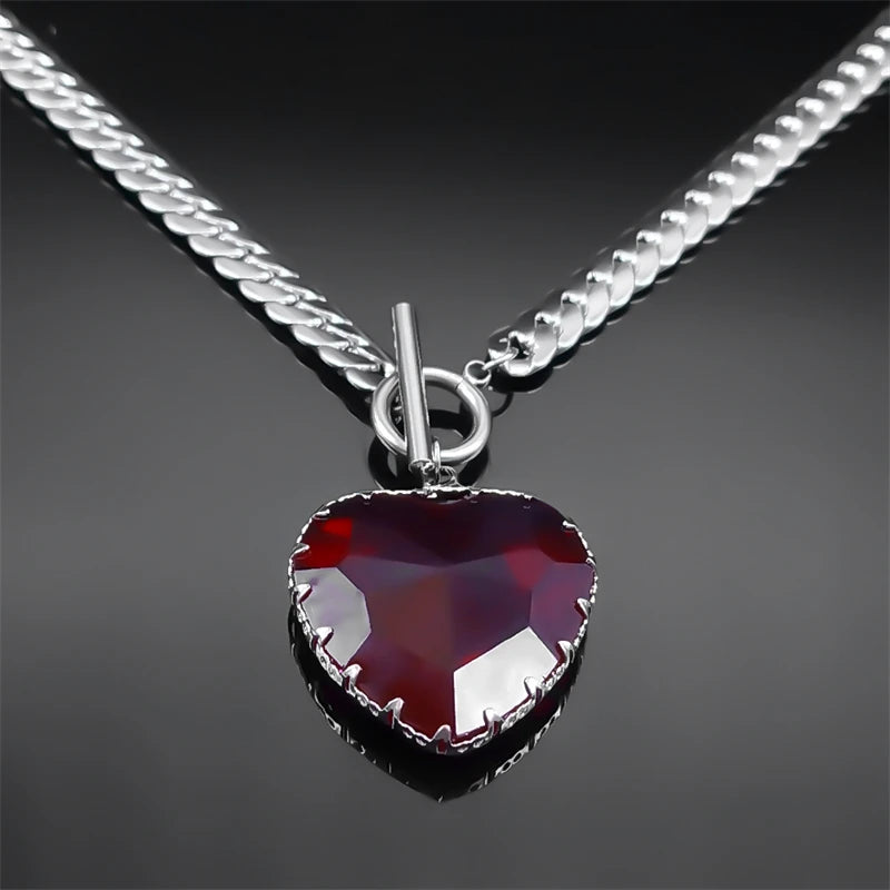 Goth Punk Red Heart Necklace Choker for Women Stainless Steel Silver Color Glass Pendant Clavicle Chain Necklaces Jewelry NXS03