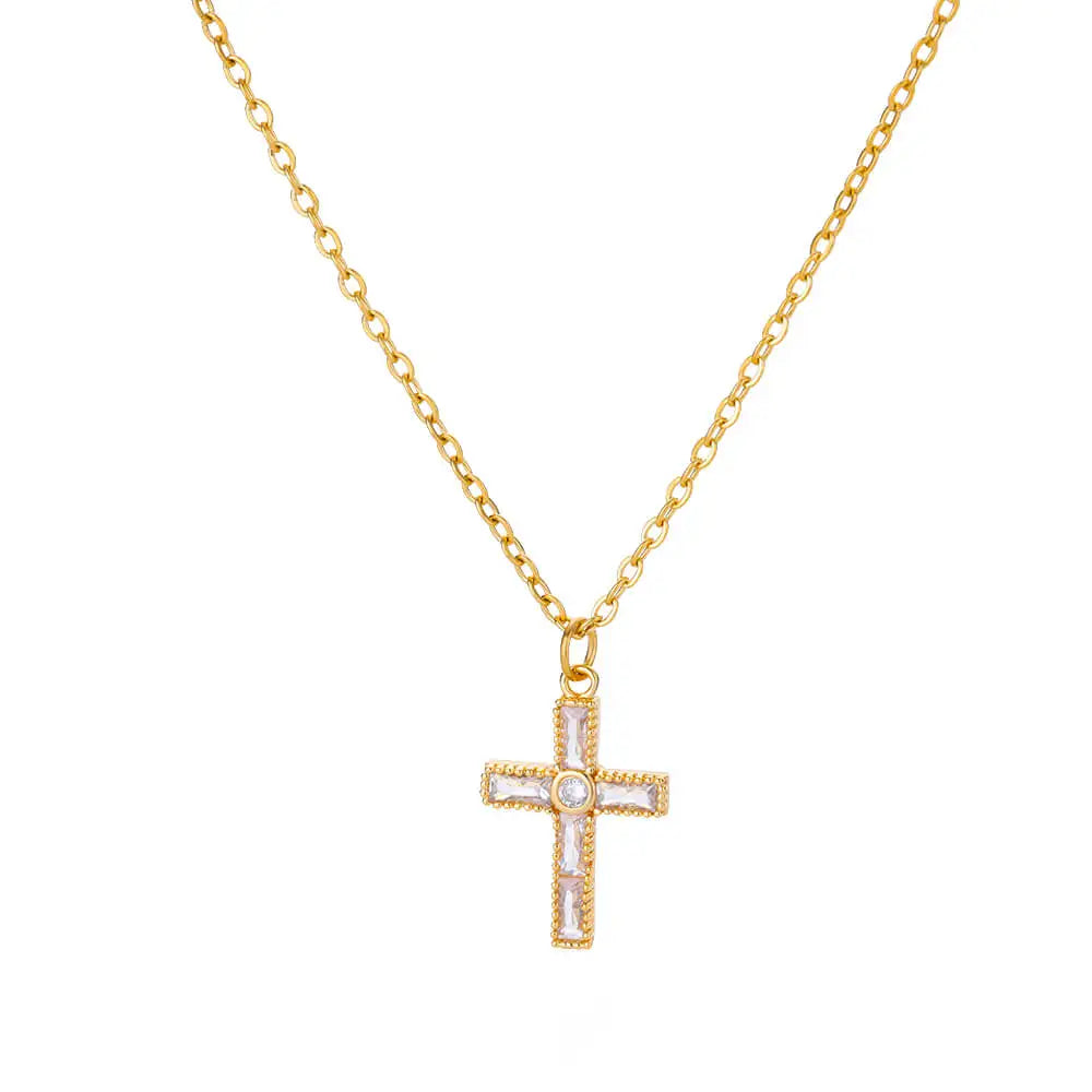 Zircon Cross Pendant Necklace for Women Gold Color Stainless Steel Collar Necklaces Goth Party Wedding Jewelry Gifts