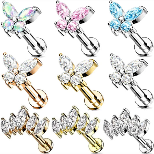 1PCS Butterfly Labret Piercing Lip Stud Cluster Crystal Tragus Earring Flat Cartilage Stud Earrings Zircon Lip Piercing Jewelry