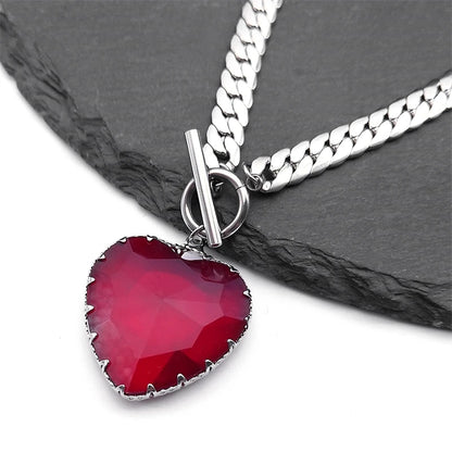 Goth Punk Red Heart Necklace Choker for Women Stainless Steel Silver Color Glass Pendant Clavicle Chain Necklaces Jewelry NXS03