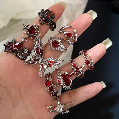 Goth Punk Retro Red Crystal Love Heart Cross Geometry Irregular Open Ring Set Y2K Halloween Accessories For Women Kpop Jewelry