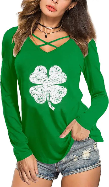 Womens St. Patricks Day Irish Lucky Criss Cross V-Neck Long Sleeve Shirts GG3 XL