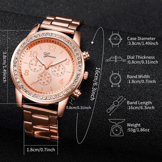 6PCS/Set Women's Watch Fashion Rhinestone Stainless Steel Band Quartz Watch Double Heart Jewelry Set(Without Box)