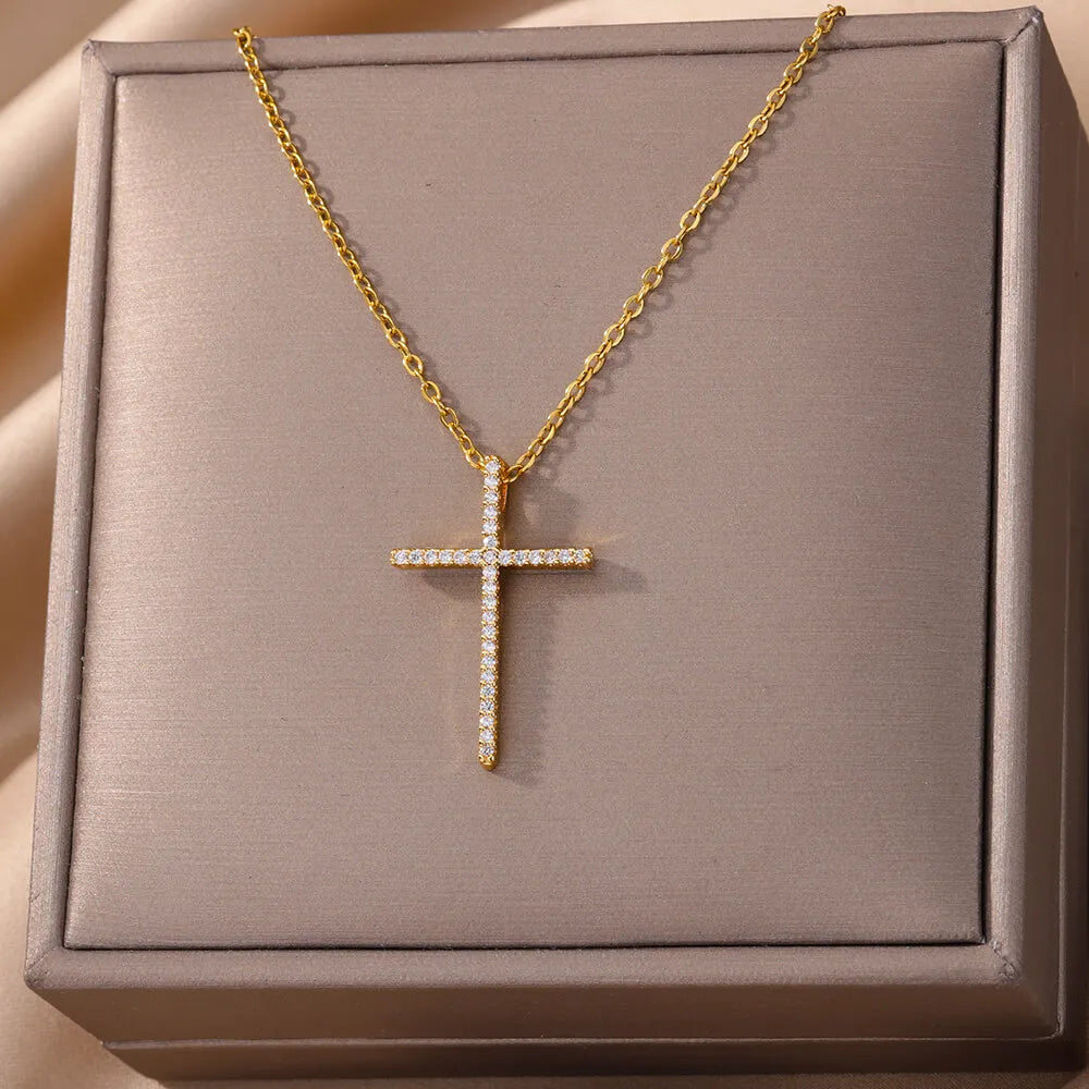 Zircon Cross Pendant Necklace for Women Gold Color Stainless Steel Collar Necklaces Goth Party Wedding Jewelry Gifts