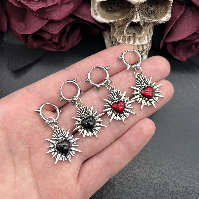 Flaming Sacred Heart Earrings | Spike Stainless Steel Earrings Hoops| Grunge | Goth | Alternative Jewelry | Sacred Heart Jewelry