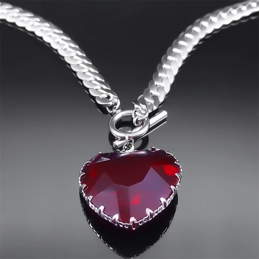 Goth Punk Red Heart Necklace Choker for Women Stainless Steel Silver Color Glass Pendant Clavicle Chain Necklaces Jewelry NXS03