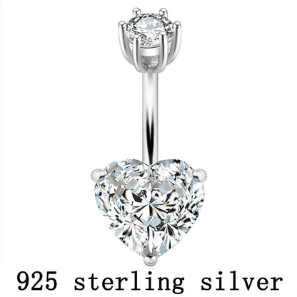 925 pure silver belly button ring real genuine silver navel ring body piercing jewelry heart stone zircon pin length 6 8 10 mm