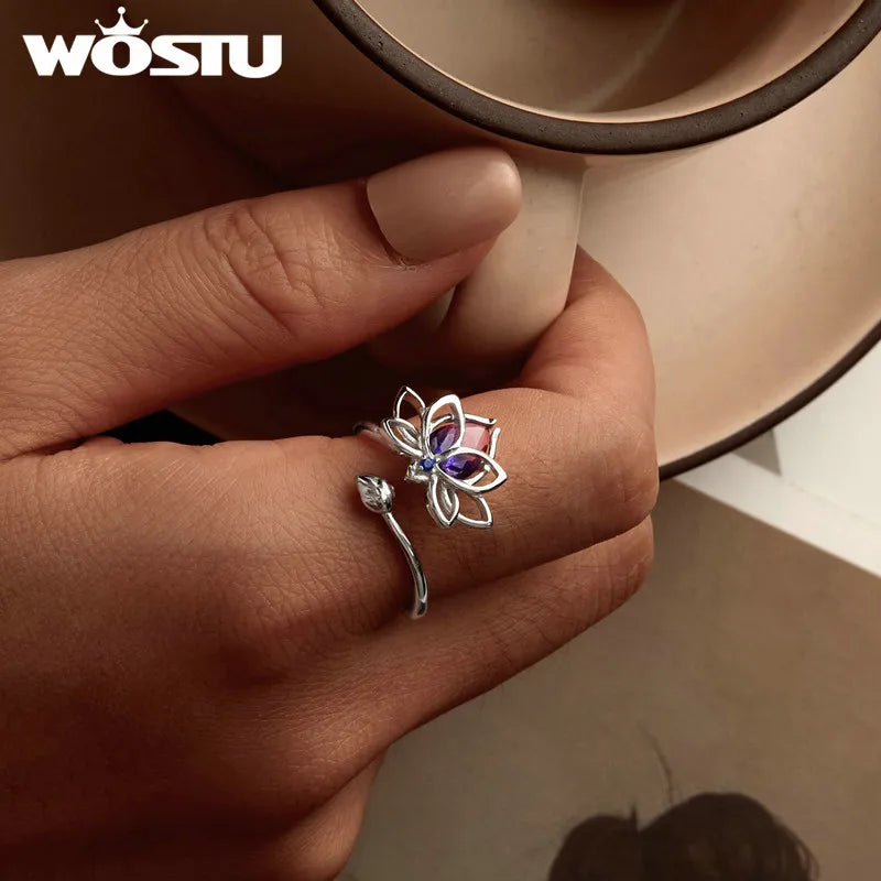 925 Sterling Silver Bi Color Lotus Flower Ring For Women Drop Purple pink Crystal Opening Rings Wedding Party Jewelry Gift