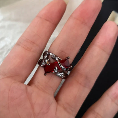 Goth Punk Retro Red Crystal Love Heart Cross Geometry Irregular Open Ring Set Y2K Halloween Accessories For Women Kpop Jewelry