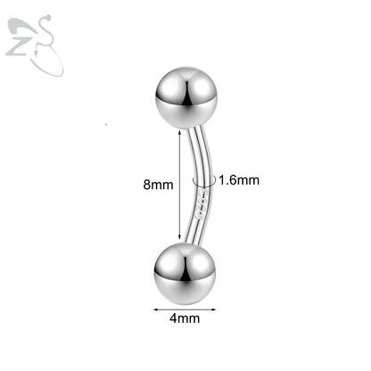 ZS 1PC Solid 925 Silver Curved Barbell Belly Ring Silver Color Belly Button Ring Minimalist Navel Piercing Eyebrow Rook Piercing