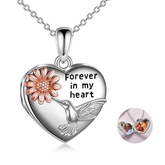 YFN Hummingbird Locket Necklace Sterling Silver Sunflower Hummingbird Heart Locket Necklace That Holds Pictures for Women Jewelry