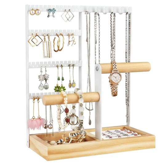 Koocoot Jewelry Organizer Stand 4-Tier Earring Holder Organizer with 48 Holes 6 Hooks Necklace Organizer Jewelry Stand with Ring Bracelet Holder(White)