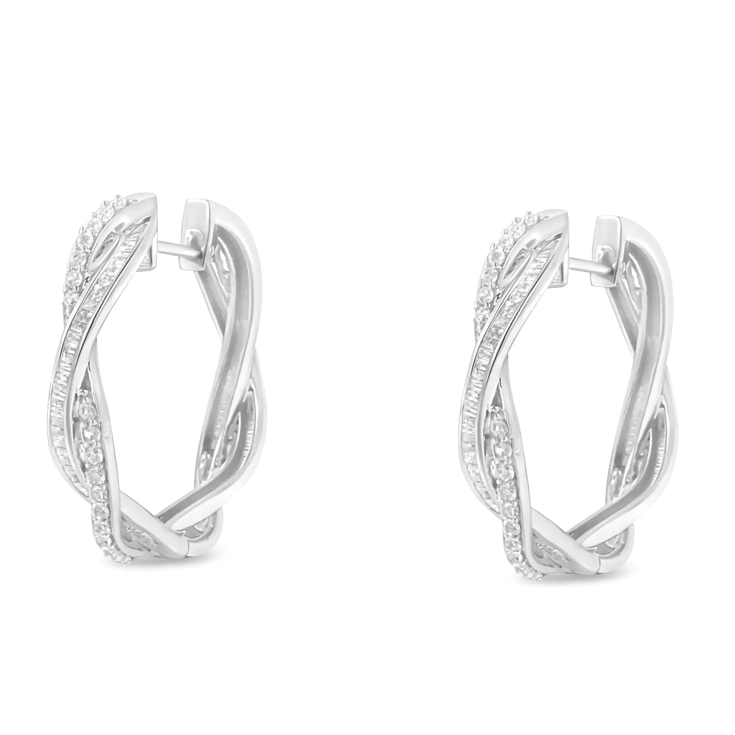 Sterling Silver Pave & Baguette Diamond Hoops