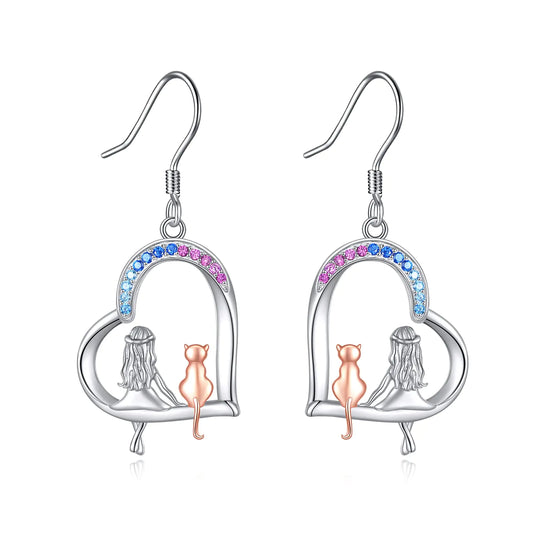 Cat Earrings 925 Sterling Silver Cat Drop Dangle Earrings Jewelry for Women (cat earrings)