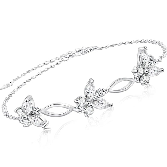 SUNCHIO Birthday Bracelet Gift 925 Sterling Silver White Butterflies Bracelet Birthstone Holiday Jewelry for Women