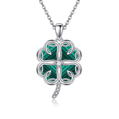 URONE St Patricks Day Shamrock Necklace Sterling Silver Four Leaf Clover Malachite Pendant Necklace Irish Lucky Jewelry Gifts for Women