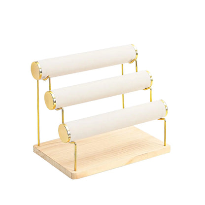 Pengup Bracelet Holder Bracelet Displays for Vendors 3 Tier Jewelry Organizer Stand for Selling Jewelry Necklaces Storage Rack with Wood Base (Beige+Gold)