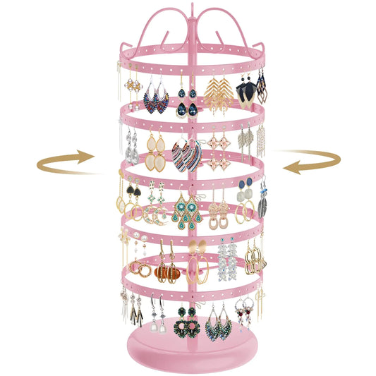 5 Tiers 360° Rotating Earring Holder Organizer 220 Holes Metal Necklace Bracelet Jewelry Display Rack Stand Tower - 14x6.3 Inch (Pink)