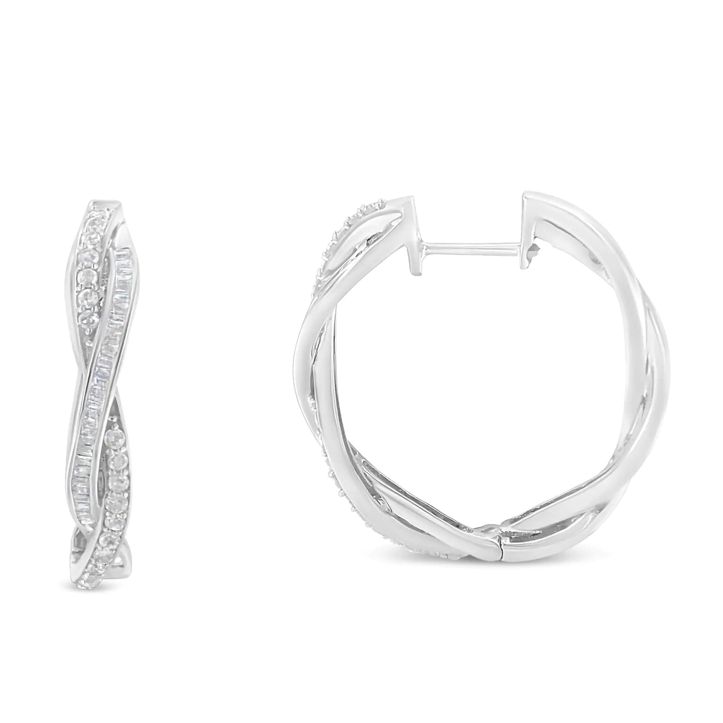 Sterling Silver Pave & Baguette Diamond Hoops