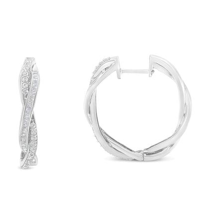 Sterling Silver Pave & Baguette Diamond Hoops