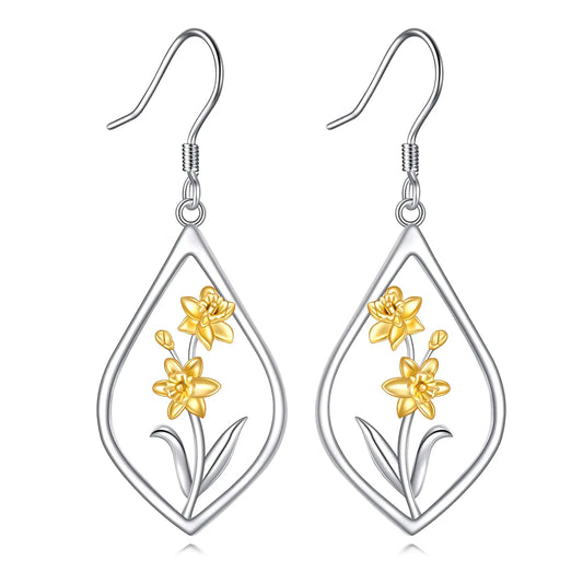 Daffodil Earrings 925 Sterling Silver March Birth Flower Dangle Earrings Teardrop Jewelry Gifts For Women