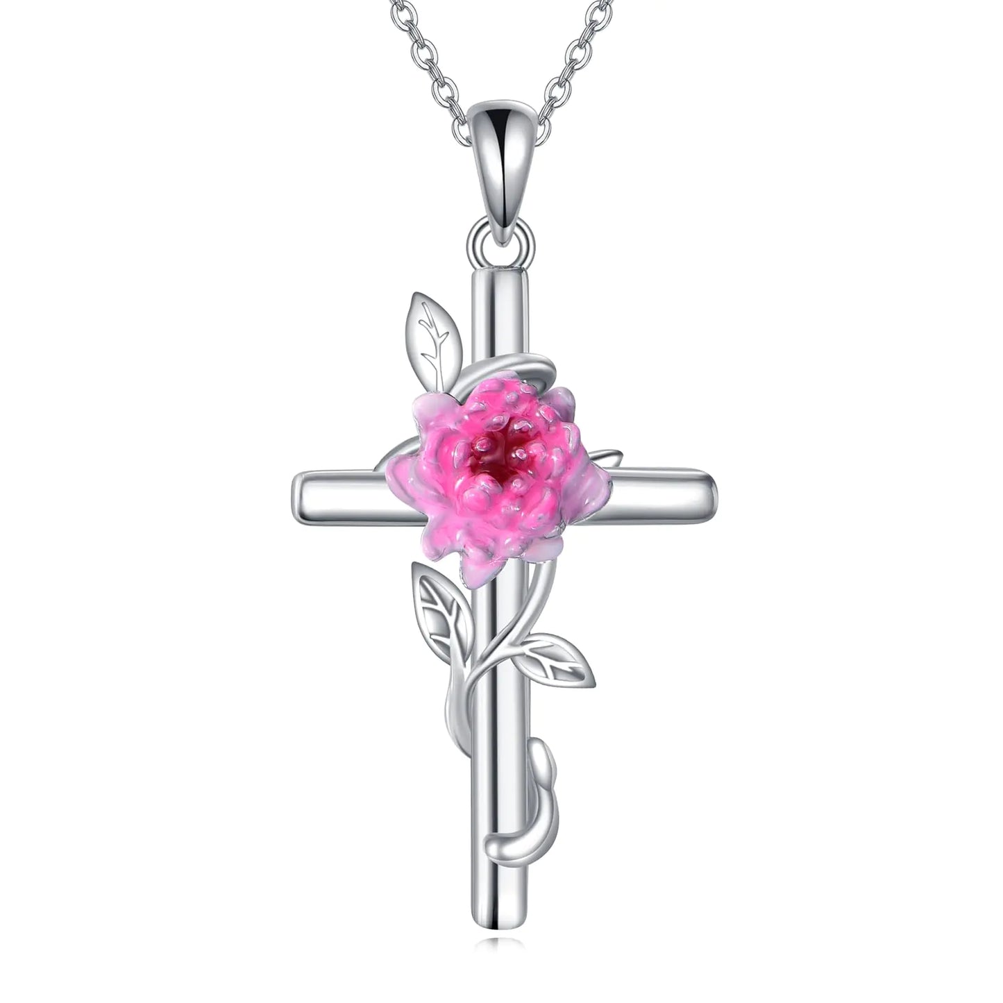 JERWLI Chrysanthemums Necklace 925 Sterling Silver Chrysanthemums Cross Pendant Necklace November Birth Flower Jewelry for Women (Chrysanthemums)