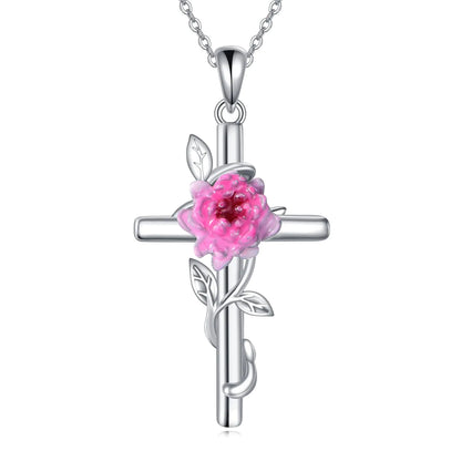 JERWLI Chrysanthemums Necklace 925 Sterling Silver Chrysanthemums Cross Pendant Necklace November Birth Flower Jewelry for Women (Chrysanthemums)