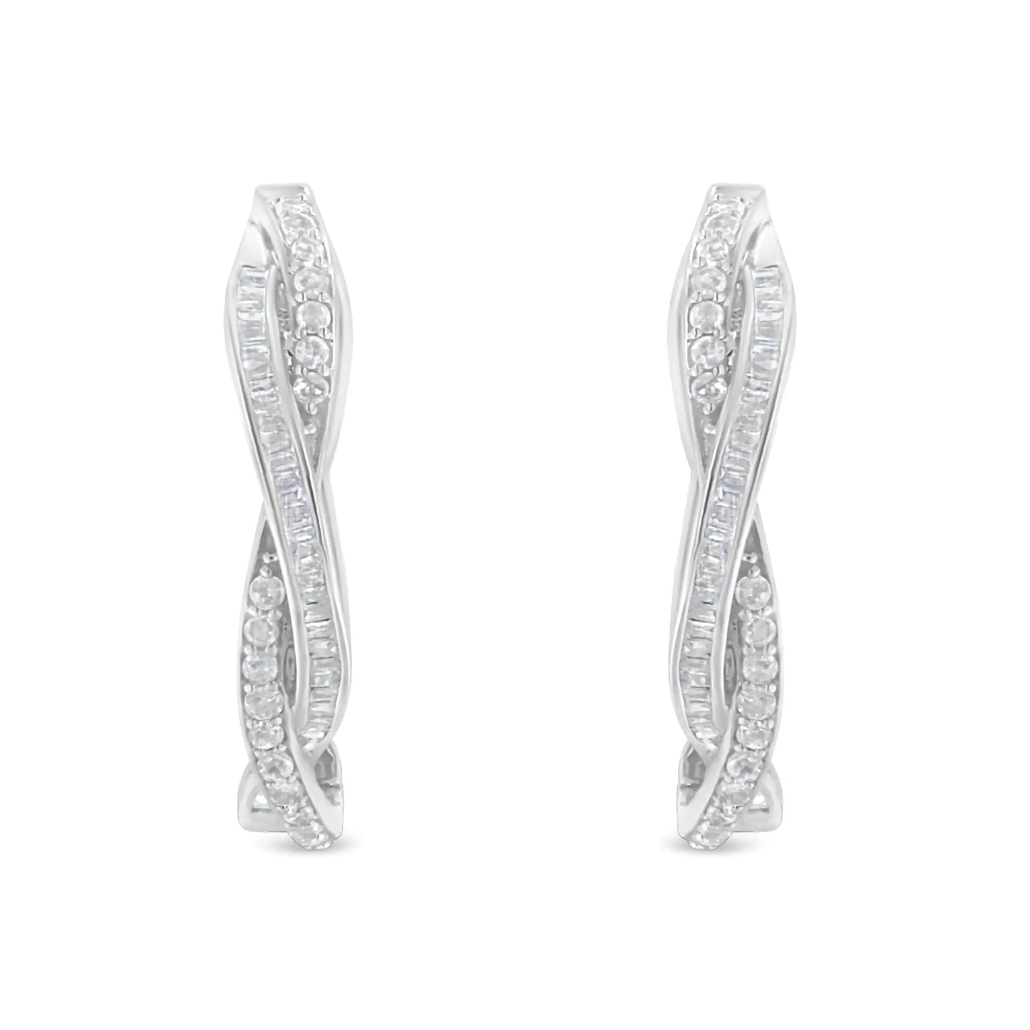 Sterling Silver Pave & Baguette Diamond Hoops