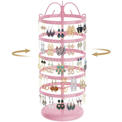 LASZOLA 5 Tiers 360° Rotating Earring Holder Organizer 220 Holes Metal Necklace Bracelet Jewelry Display Rack Stand Tower - 14x6.3 Inch (Pink)