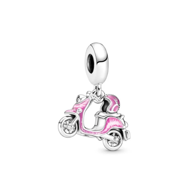 2024 New Pink Series Bag Motorcycle Heart Diy Bead Fit European Bracelet 925 Sterling Silver Jewelry Accessories