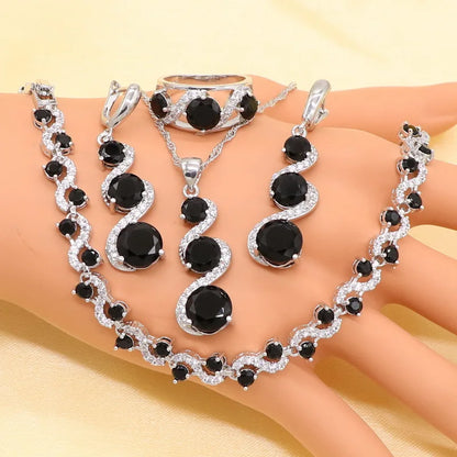 Silver Wedding Jewelry Sets For Women Flower Shape Black Zircon Bracelet Earrings Necklace Pendant Ring Gift Box