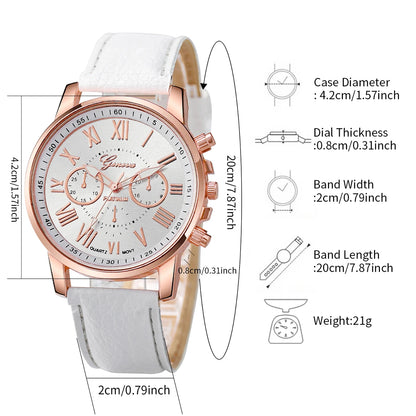 5PCS/Set Women's Watch Fashion Roma Dial Leather Band Quartz Watches Pearls Jewelry Set(Without Box)