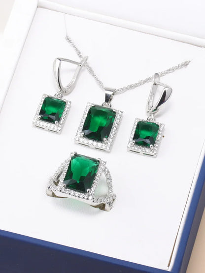 925 Sterling Silver Jewelry Sets Accessories Bridal Women Natural Crystal Zircon Earrings Open Ring Pendant Wedding Necklace Set