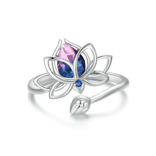 925 Sterling Silver Bi Color Lotus Flower Ring For Women Drop Purple pink Crystal Opening Rings Wedding Party Jewelry Gift