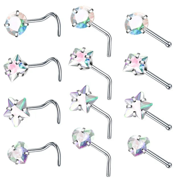 4PCS Surgical Steel Heart Nose Ring Stud Pack Real Star L Shape Nose Piercing Stud Set Square Nose Rings Set Piercing Nariz Lote