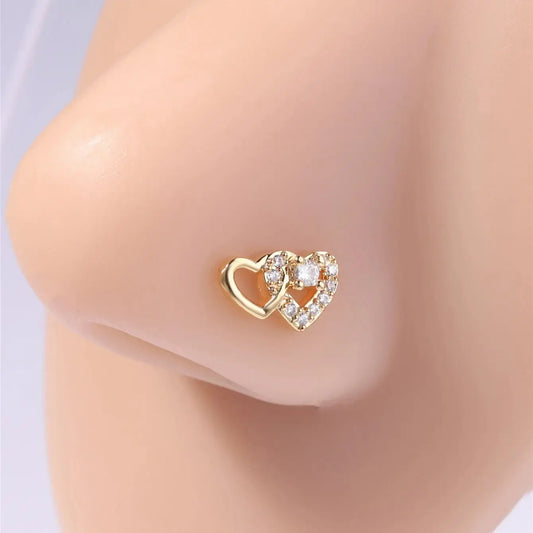 20G L Shaped Nose Studs Rings Cute Heart Shiny CZ Love Stone Gold Silver Color Nose Piercing for Women Girl Nostril Jewelry