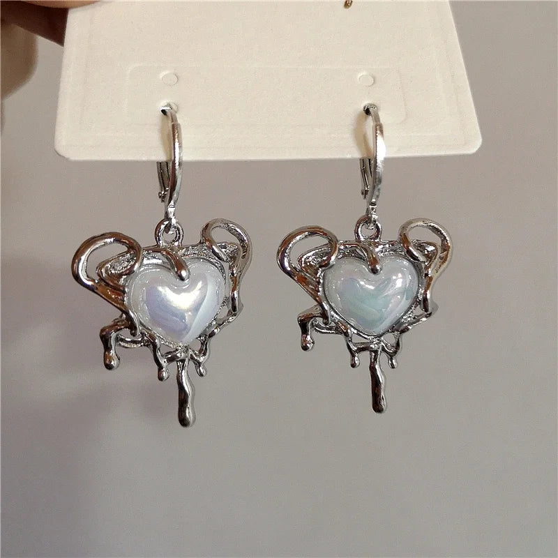 New Goth Harajuku Vintage Peach Heart Fairy Angel Moon Pendant Earrings For Women Egirl Trendy Aesthetic Y2K Jewelry Accessories