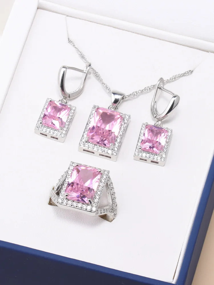 925 Sterling Silver Jewelry Sets Accessories Bridal Women Natural Crystal Zircon Earrings Open Ring Pendant Wedding Necklace Set