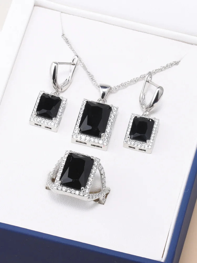 925 Sterling Silver Jewelry Sets Accessories Bridal Women Natural Crystal Zircon Earrings Open Ring Pendant Wedding Necklace Set